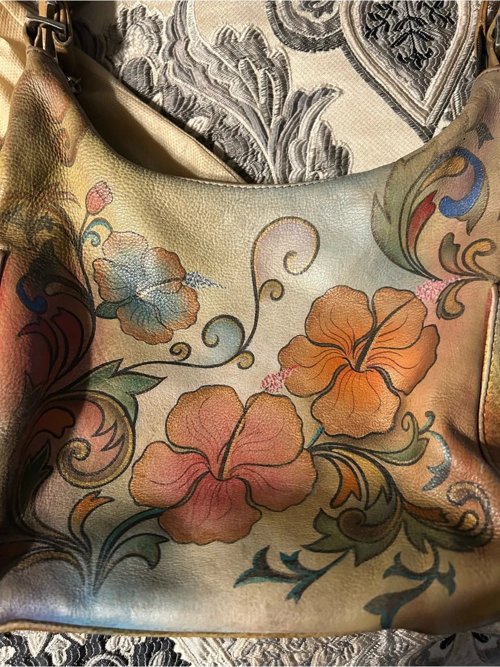 Anuschka Hand-Painted Floral Leather Hobo Bag in Multi/Tan